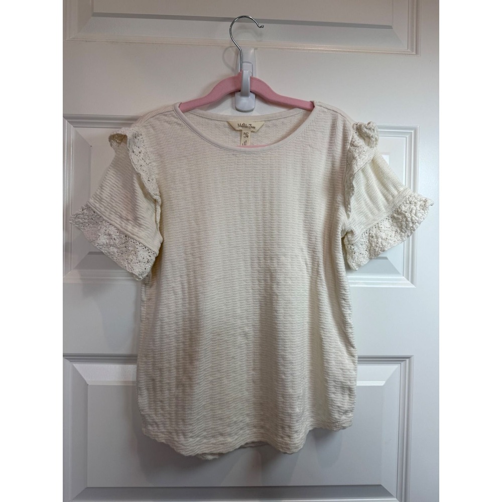 3. Matilda Jane Girls Cream Waffle Knit Crochet Lace Ruffle Short Sleeve Top 10